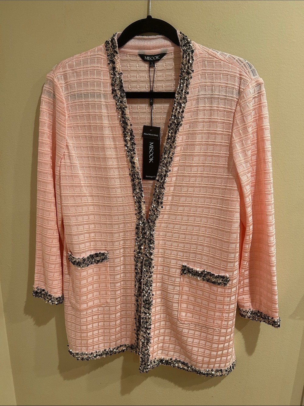 MISOOK Blush Pink Open-Front Jacket with Contrast Trim Sz Small NWT $428